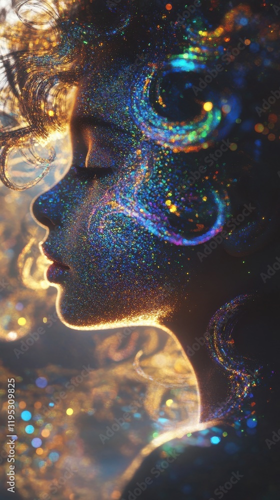 Poster Colorful silhouette captures a child's profile with sparkling effects creating a magical atmosphere