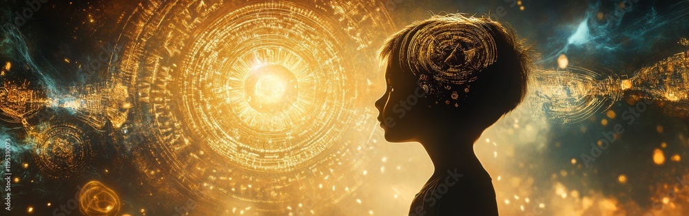 Poster Visual representation of a glowing child surrounded by an ethereal atmosphere and vibrant patterns