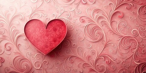 Red paper heart with a soft pink background and subtle texture, surrounded by delicate pink patterns and swirls, pink backgrounds, red paper hearts