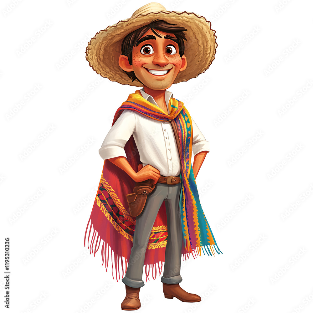 Wall mural A smiling male cartoon character in a traditional Mexican peasant outfit, with a white cotton shirt, colorful serape, and straw hat, standing against a white background