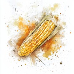 A Watercolor Painting of a Single Ear of Corn, Vibrant Yellow Kernels, Rustic Hues, Artistic Splash Background