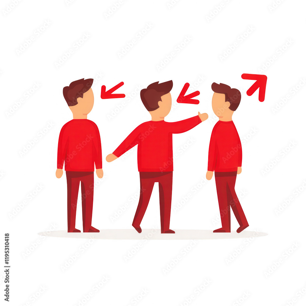 Poster illustration of three characters interacting with gestures in red outfits., isolated on a transparen
