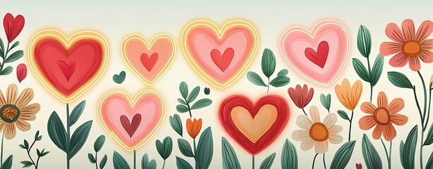 An abstract depiction of Valentine’s Day with heart and floral flat art icons, blending neon light accents and pastel watercolor gradients
