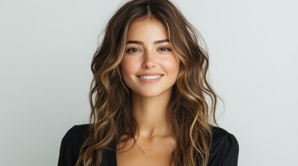 Fototapeta premium Smiling woman with wavy hair in a black top, set against a light background, exuding confidence
