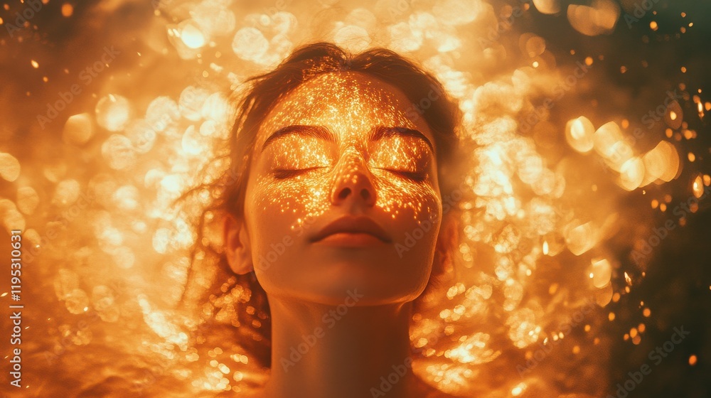 Poster surreal representation of a woman's face illuminated by radiant golden light in an ethereal setting