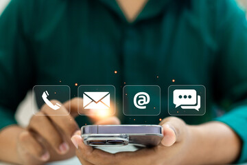 Contact Us concept, Smartphone virtual icons for email, phone, address, and live chat assistance to...