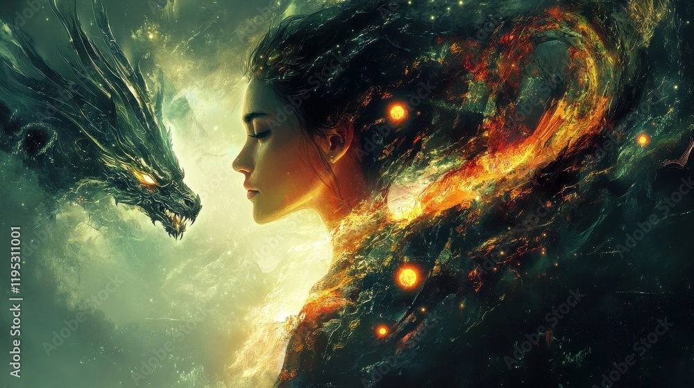 Poster surreal representation of a glowing woman engaged in a mystical encounter with a dragon under a cosm