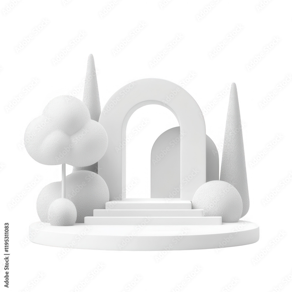 Aufkleber minimalist white archway with stylized trees and shapes in a serene environment., isolated on a tran