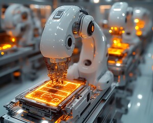 Automated robotic arm assembling circuit boards on production line.
