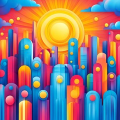 Vibrant Cityscape at Sunrise: A Colorful Paper-Cut Illustration