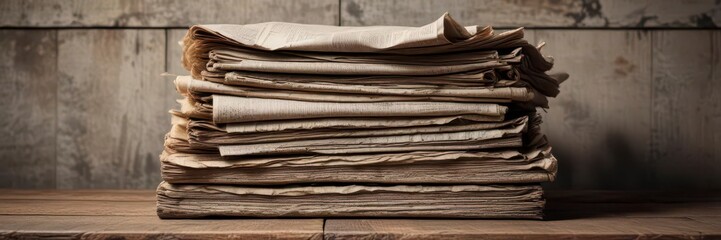 Old aged newspaper stack leaning against a worn wooden crate with a textured background,  old newspapers,  news,  weathered wood