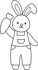 Easter bunny holding carrot outline.
Cute rabbit Cartoon character coloring page.
Rabbit in clothes.
Happy easter design.
Good for card,poster, banner, leaflet .
Transparent background.
