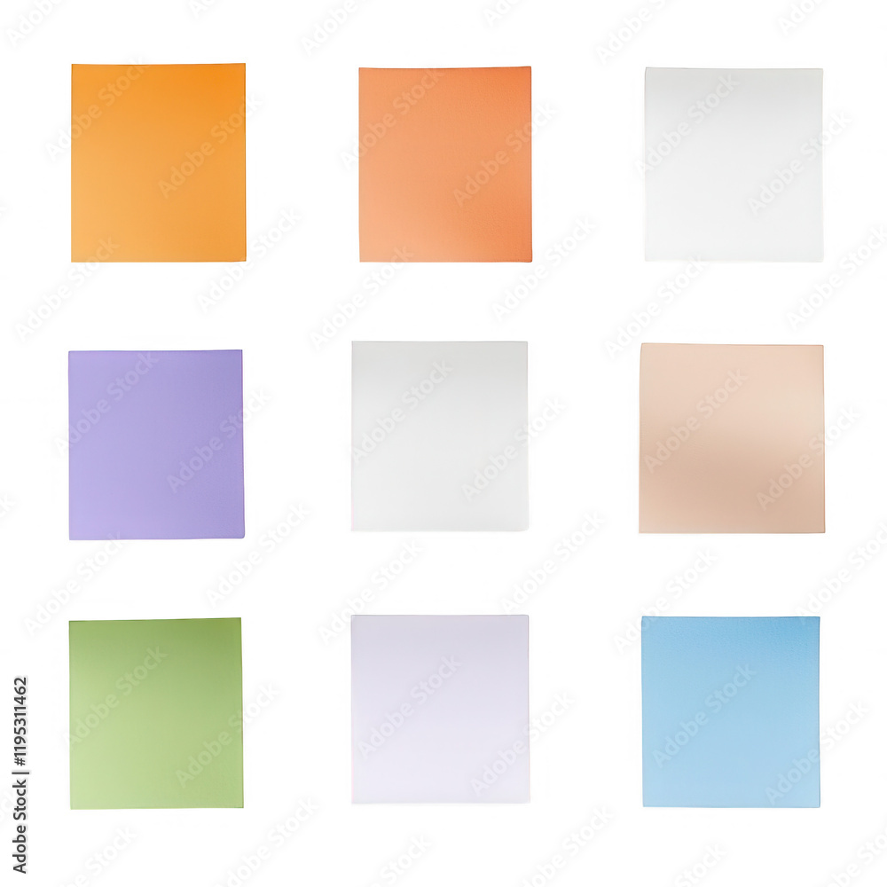 Poster nine colorful squares arranged in a grid, showcasing vibrant hues and soft textures., isolated on a 