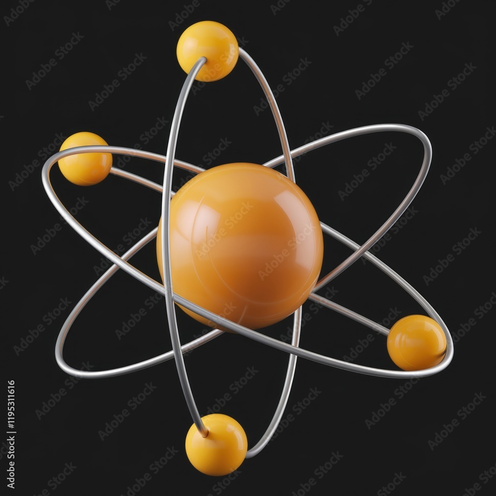Poster A model of an atom with a central nucleus and orbiting electrons.
