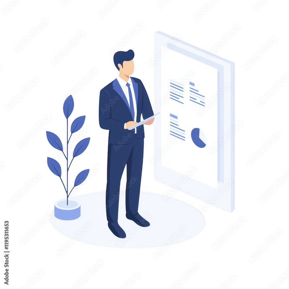 Poster professional man analyzing data on a digital screen in a modern office setting., isolated on a trans
