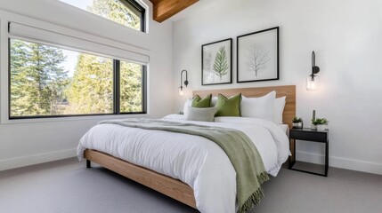 Fototapeta premium Cozy and modern bedroom with a large window, a king-size bed with white bedding and green accents, two framed botanical prints hanging on the wall, and a bedside table with a lamp