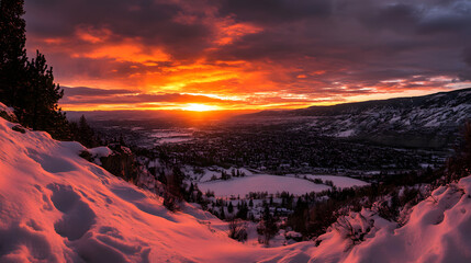 A vivid sunset seen from a snowy mountain ridge with deep orange hues reflecting on the icy slopes.