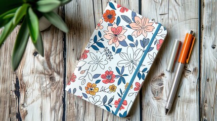 Obraz premium Stylish floral notebook and pen set perfect for journaling, creativity, or professional use.