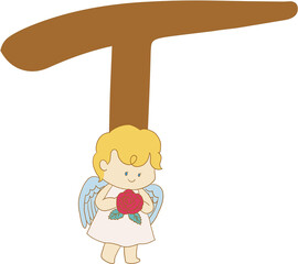 Cute font brown color Complete ALphabet letter Number  Upper case Lower case Collection baby cupid doodle letters isolated transparent