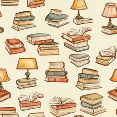 Watercolor doodle of stacked books and lamps creating a whimsical cozy atmosphere
