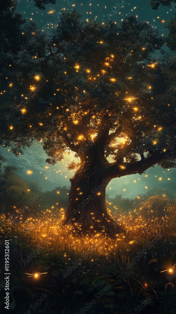 Poster Serene visualization of a glowing tree surrounded by sparkling light at dusk in a tranquil forest