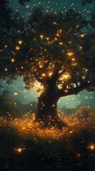 Serene visualization of a glowing tree surrounded by sparkling light at dusk in a tranquil forest