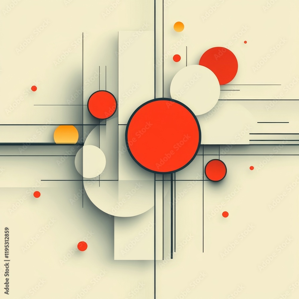 Poster abstract geometric composition with red and beige circles and lines