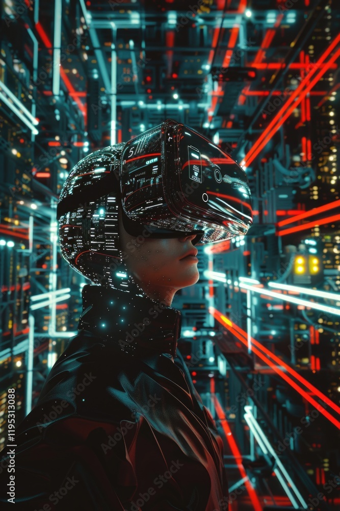 Aufkleber man in a virtual reality headset stands in a futuristic cityscape. concept of wonder and excitement 