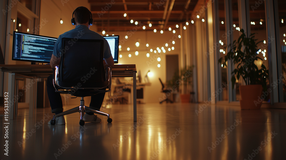 Poster focused programmer in open plan office with dual monitors