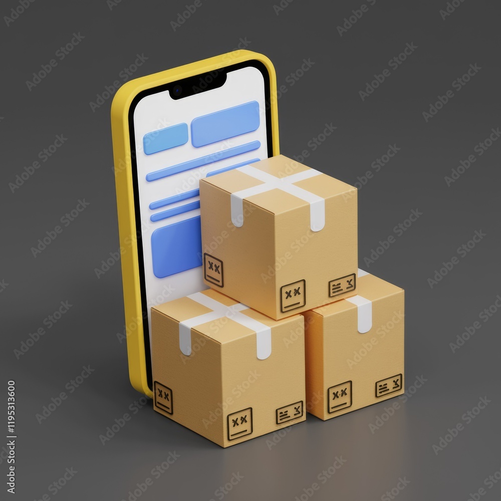 Poster online order confirmation with three cardboard boxes beside a smartphone, representing e-commerce an