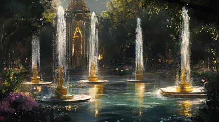 Ornate fountains illuminate a tranquil garden at dusk with shimmering water features and vibrant greenery