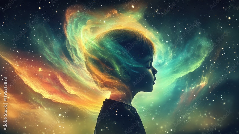 Poster Mystical visualization of a child's imagination set against a cosmic background filled with vibrant colors and swirling patterns