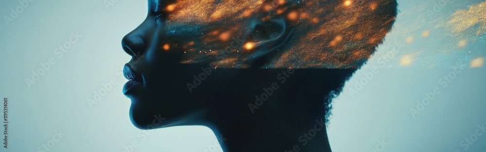 Poster mystical profile of a man illuminated by cosmic elements and ethereal sparks in a surreal setting