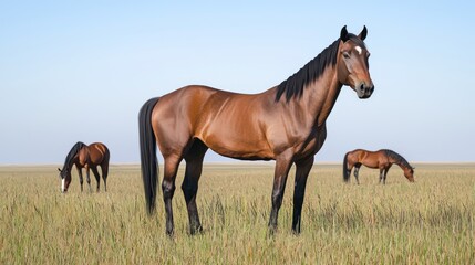 Obraz premium Brown Horses Grazing in a Field