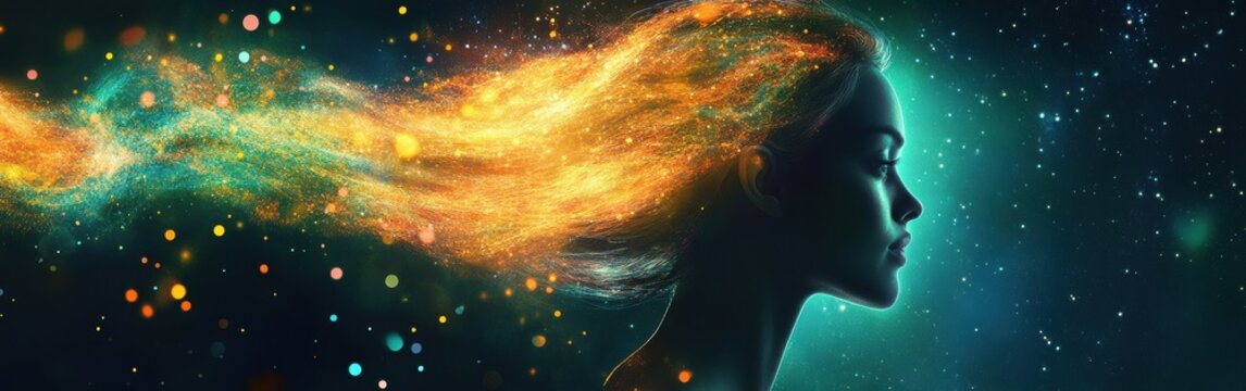 Mystical woman glowing in vibrant colors with cosmic hair and a starry background at night