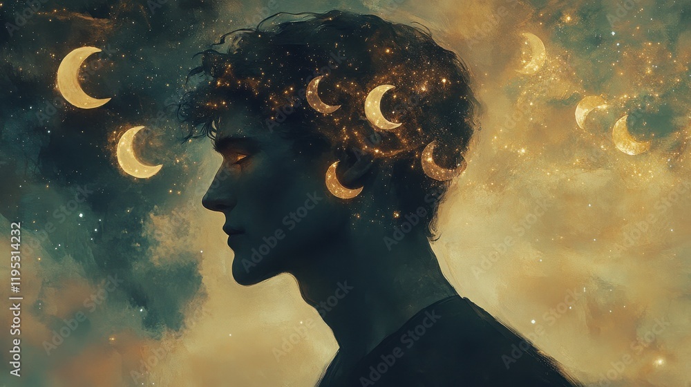 Poster mystical profile of a man filled with cosmic elements and celestial motifs in a dreamlike setting