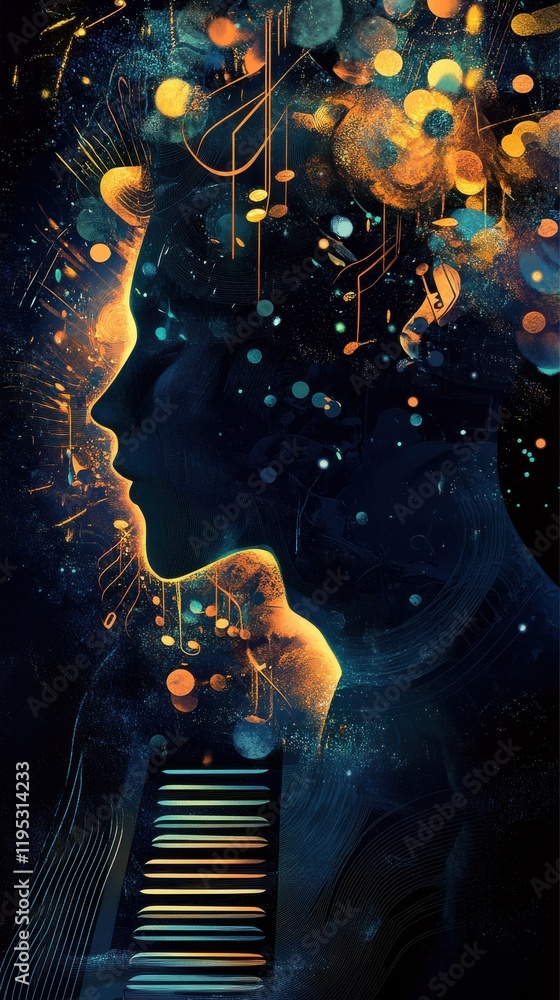 Poster mystical profile of a man filled with vibrant colors and abstract shapes evoking a sense of wonder a