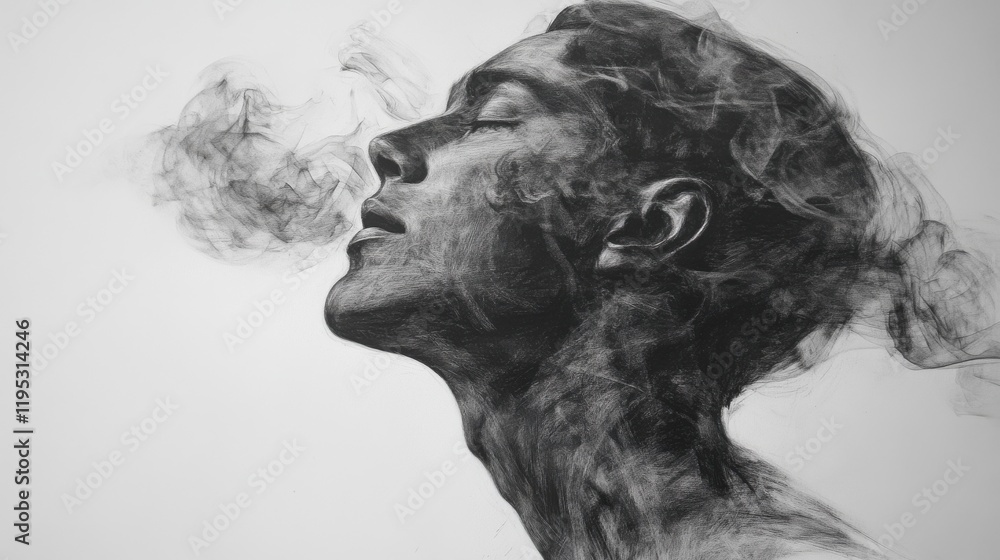 Poster Mystical profile of a man with swirling smoke illustrating deep thought in a serene setting