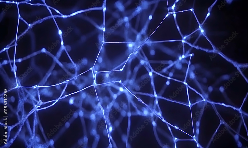 Poster abstract blue glowing network; intricate web-like structure, nodes and connections, futuristic techn