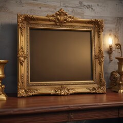 Ornate gold vintage scroll frames on a wooden desk , wooden, frame, antique