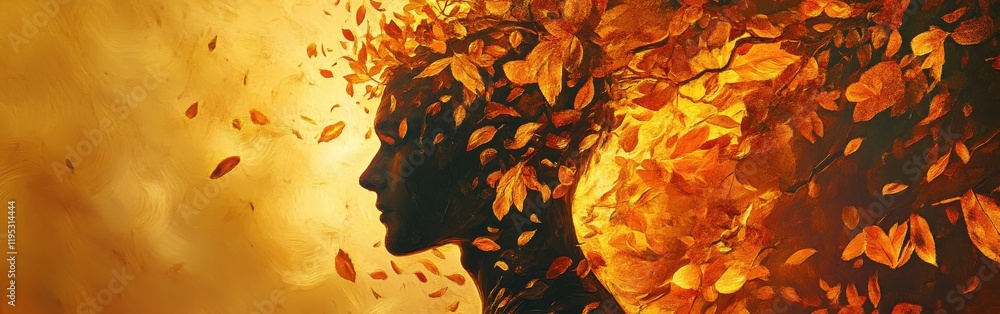 Poster mystical profile of a man surrounded by autumn leaves and warm colors in a surreal landscape