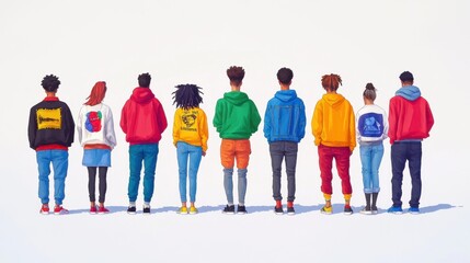 Obraz premium Minimalist portrayal of eight individuals in colorful clothing standing together, facing away, against a plain background