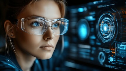 Woman in safety glasses viewing futuristic interface.