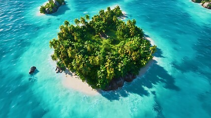 A tropical island surrounded by crystal-clear turquoise waters with lush greenery in the center