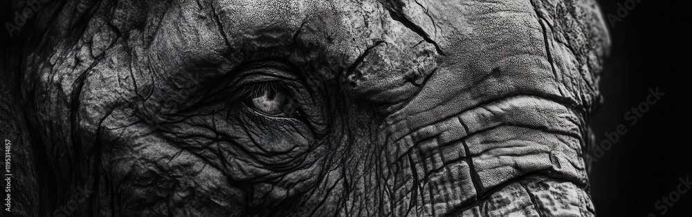 Poster Close-up view of an elephant's face showcasing intricate textures and expressions in natural light