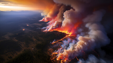 Panoramic aerial view of massive forest fire with spreading flame lines creating branching patterns across mountainous terrain under smoky orange sunset sky