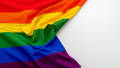Obraz premium Vibrant rainbow flag on a white background. Suitable for LGBTQ+ pride events, social media posts, diversity celebrations, and equality campaigns.