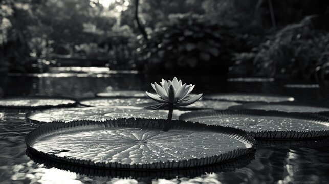 Calm and serene pond scene with lotus flower floating on lily pad. Monochrome, peaceful, zen-like atmosphere. - Powered by Adobe