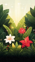 Obraz premium Magical Jungle Illustration Tropical Flowers Lush Foliage Fantasy Background