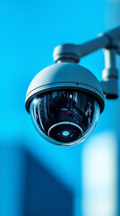 Close-up of a modern security camera against a blue background.
